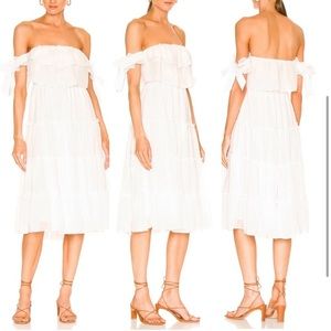 MISA Off-the-shoulder White Ruffle Midi Dress